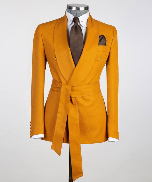 Mustard Gold Double-Breasted Tuxedo with Waist Tie