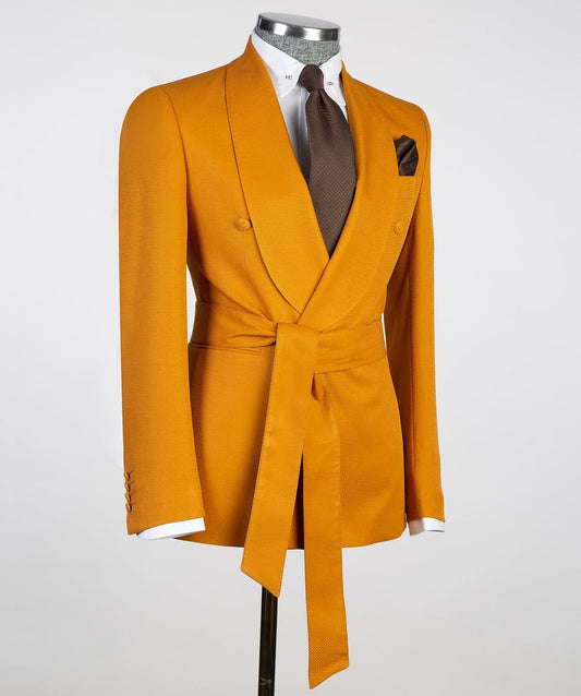 Mustard Gold Double-Breasted Tuxedo with Waist Tie