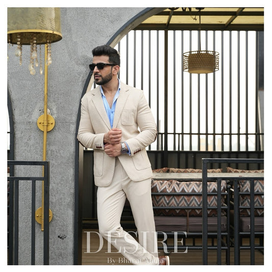 Beige Tailored Suit with Blue Contrast Shirt