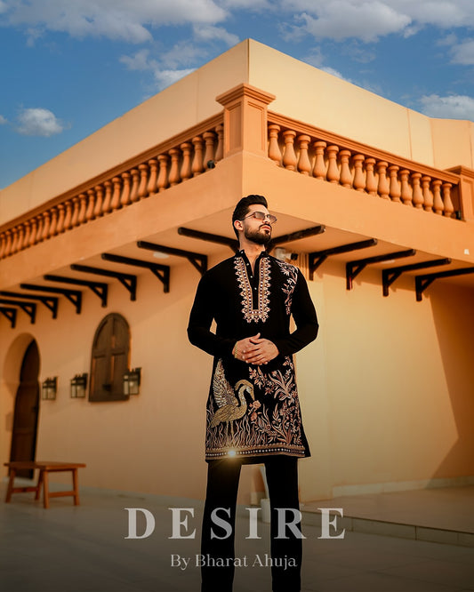 Black Velvet Embroidered Kurta with Swan Motif