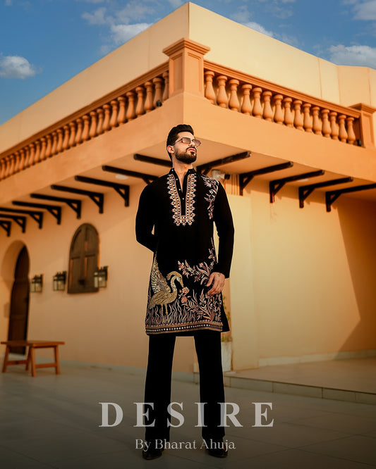Black Velvet Embroidered Kurta with Swan Motif