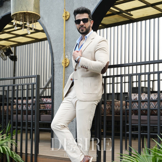 Beige Tailored Suit with Blue Contrast Shirt