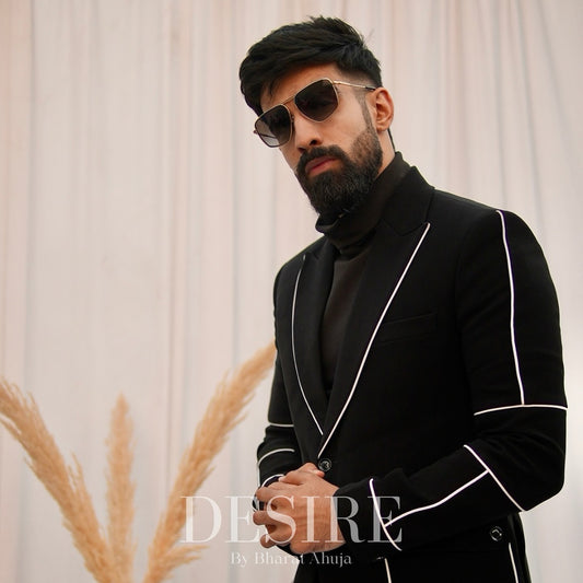 Midnight Edge Blazer – Black with White Piping Detail