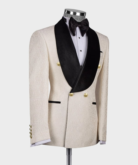 Ivory Brocade Peak Tuxedo with Black Velvet Shawl Collar