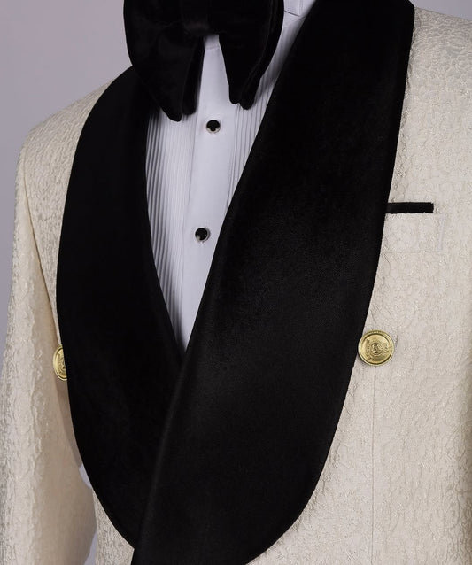 Ivory Brocade Peak Tuxedo with Black Velvet Shawl Collar