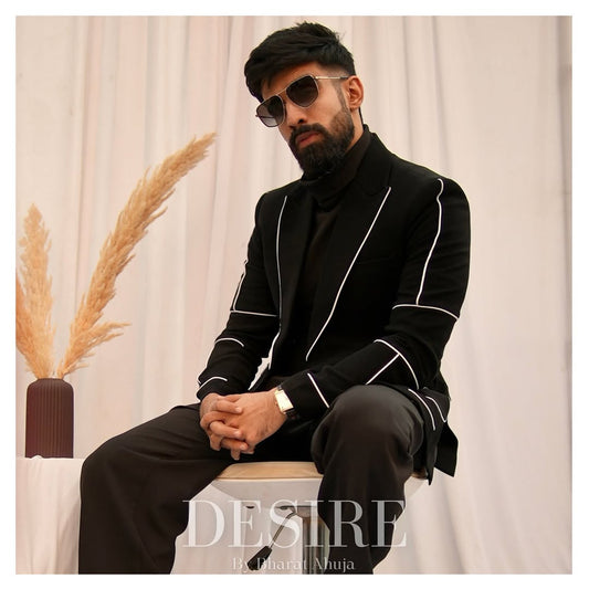 Midnight Edge Blazer – Black with White Piping Detail