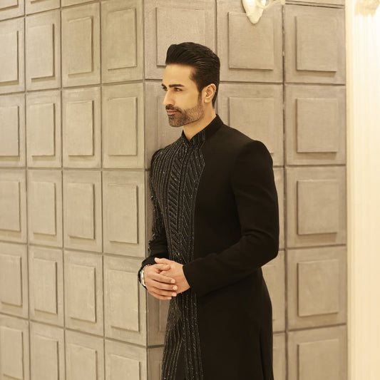 Designer Nawabi Sherwani for Groom – Black Elegance