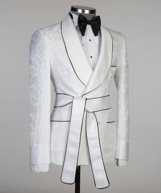 Ivory Brocade Shawl Lapel Tuxedo with Belt Wrap