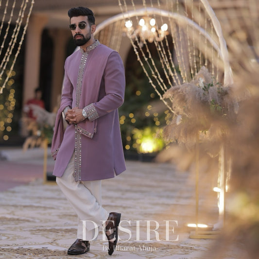 Lavender Mirror-Work Sherwani Set