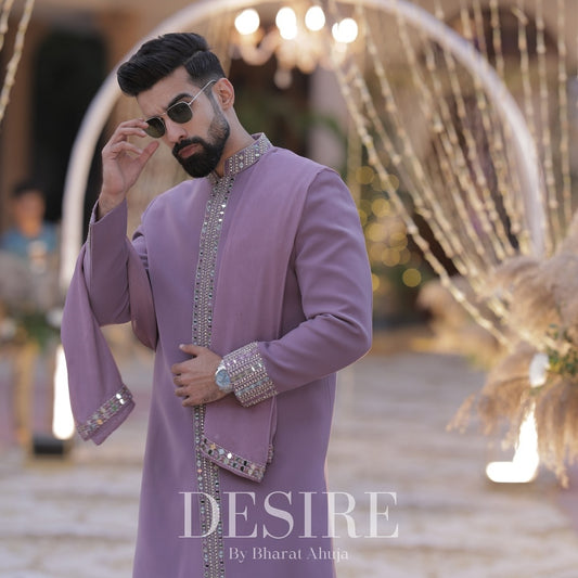 Lavender Mirror-Work Sherwani Set